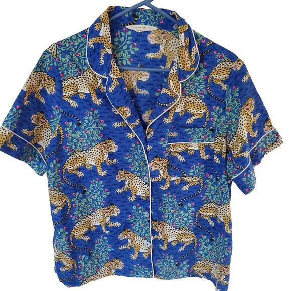 Print Fresh Pajama Top Sz M Bagheera Sapphire Leopard Button Sleep Shirt Lounge - Picture 13 of 13
